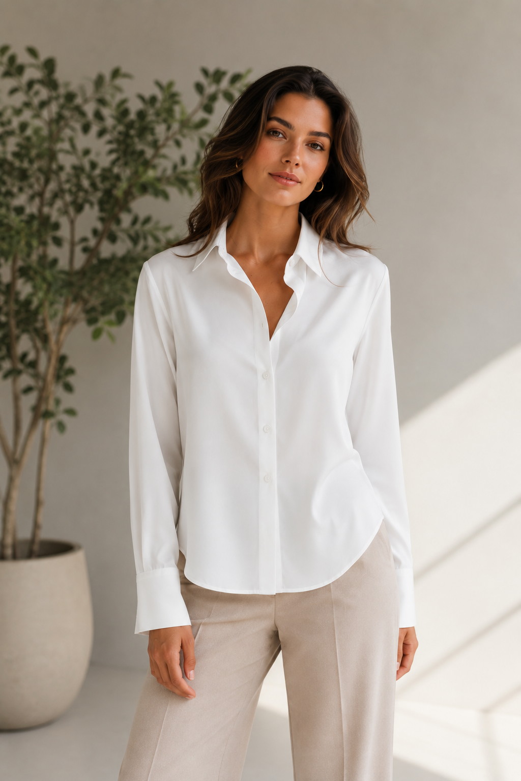 Women's Elegant Long-Sleeve White Shirt Blouse