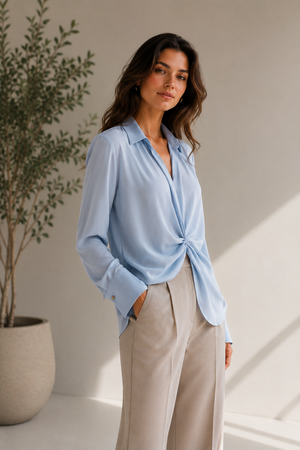 Women's Collared Light Blue Front-Twist Blouse