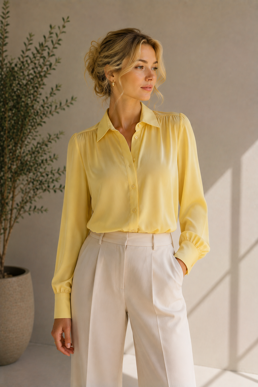 Women's Collared Yellow Button-Down Blouse