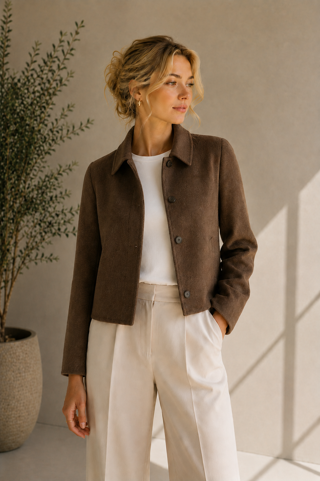 Women's Collared Brown Button-Down Jacket