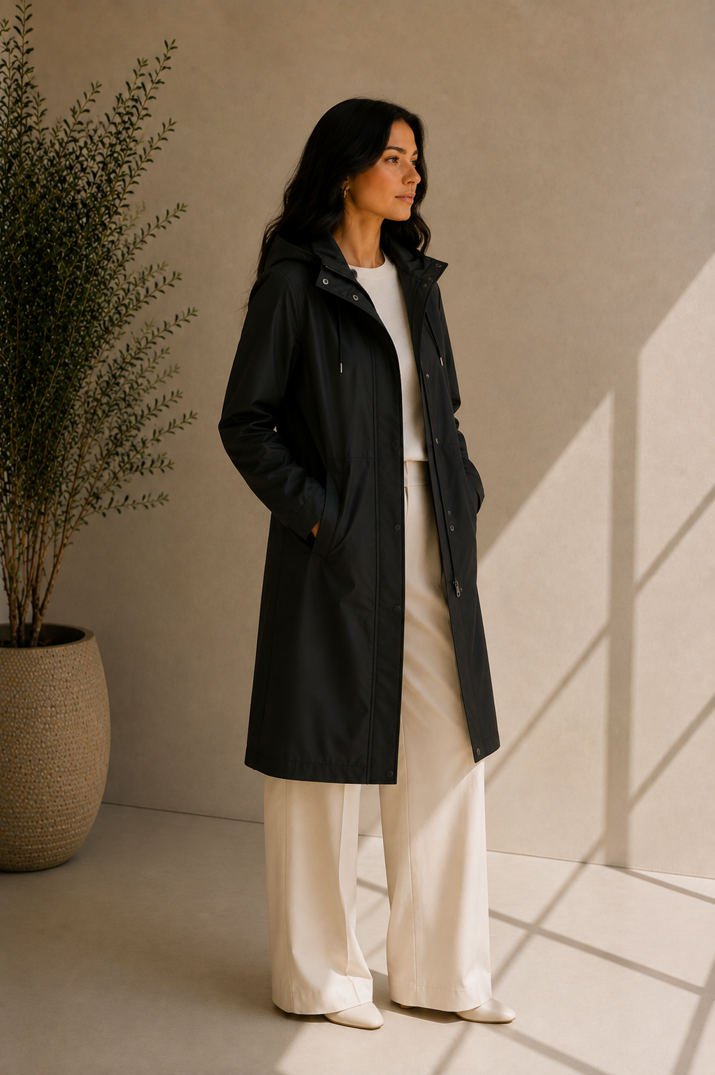 Women's Hooded Black Button-Down Raincoat