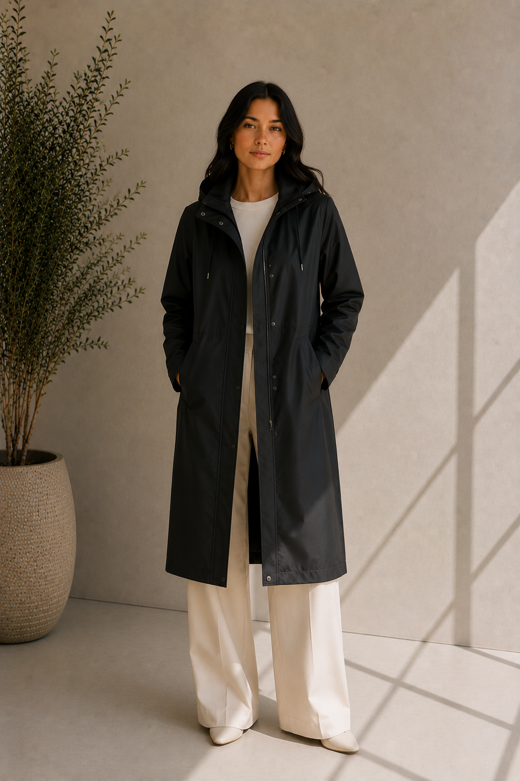 Women's Hooded Black Button-Down Raincoat