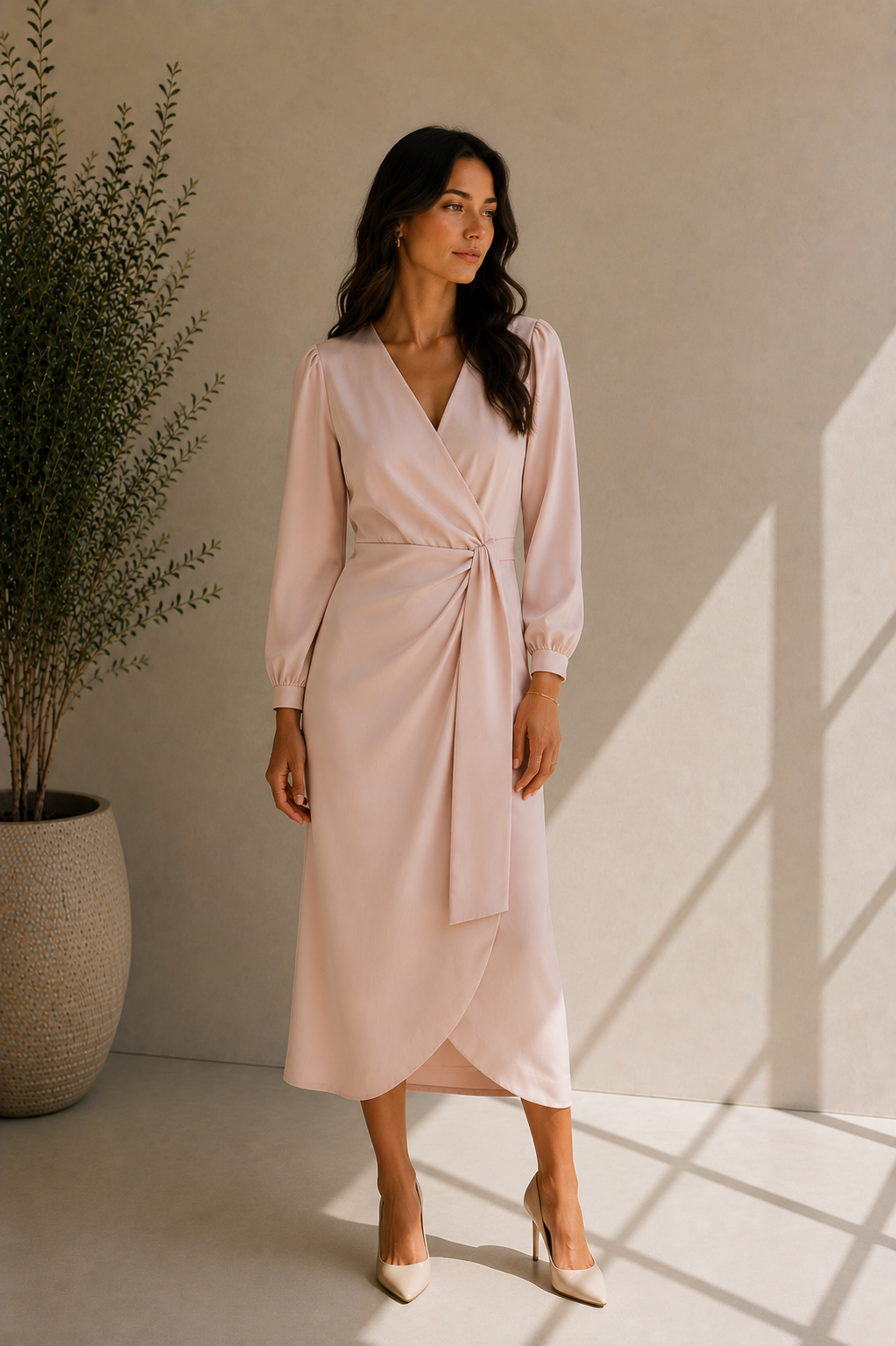 Women's V-Neck Pink Wrap Dress