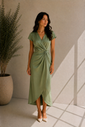 Women's V-Neck Sage Green Front-Twist Dress