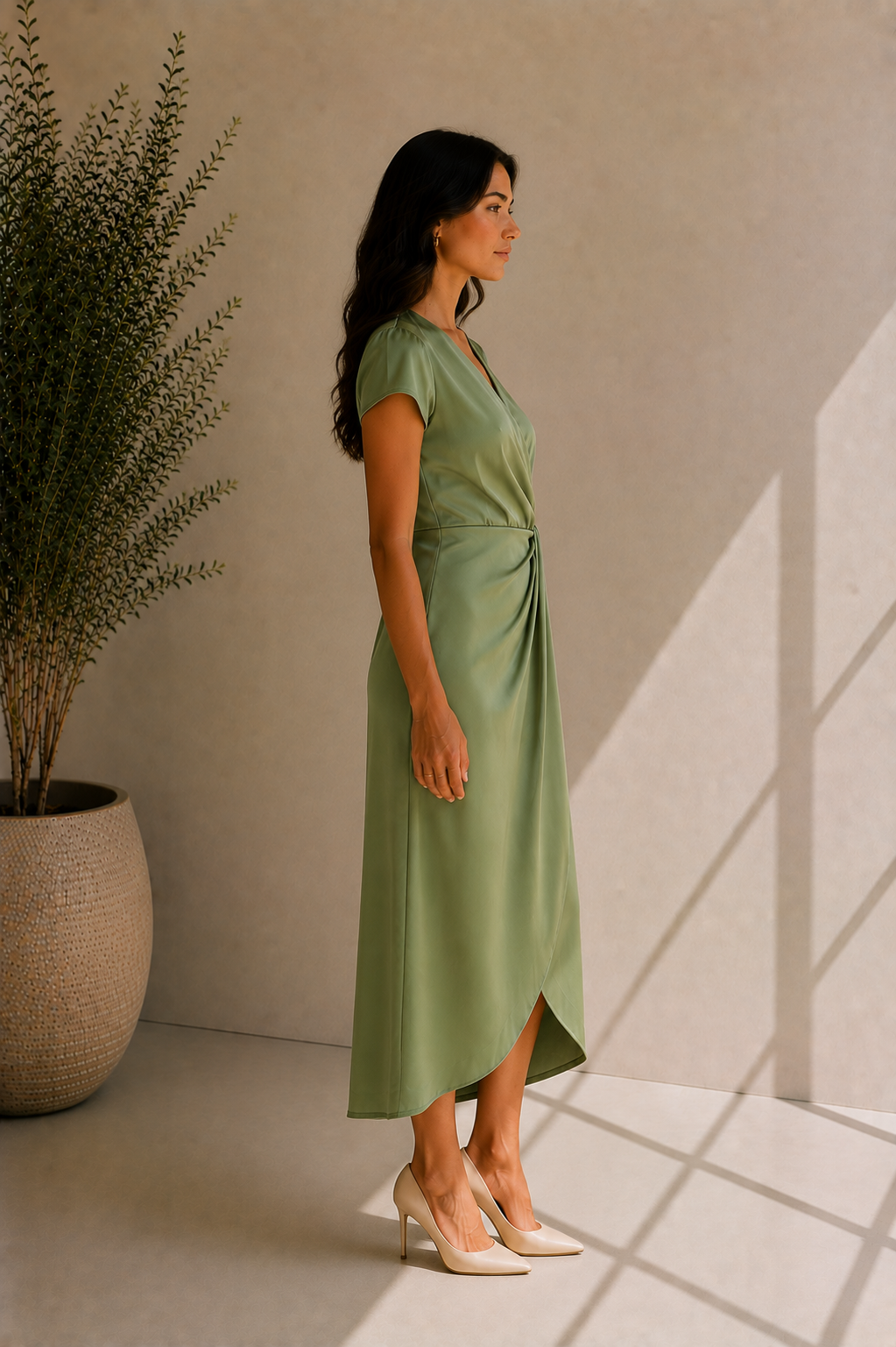 Women's V-Neck Sage Green Front-Twist Dress