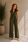 Women's V-Neck Olive Green Belted Jumpsuit