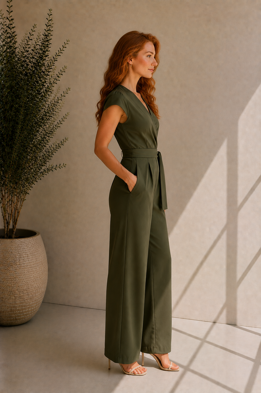 Women's V-Neck Olive Green Belted Jumpsuit