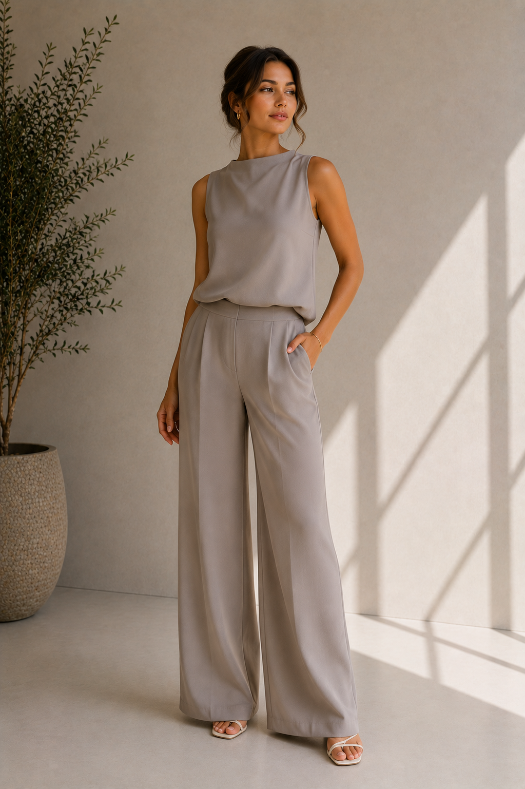 Women's High-Neck Gray Sleeveless Co-ord Set