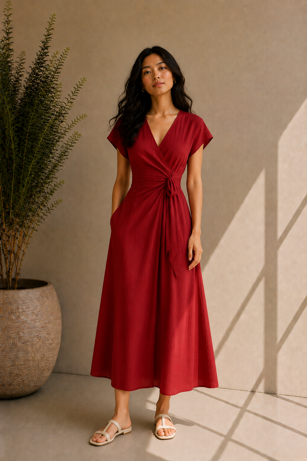 Women's Wrap Red Short-Sleeve Dress