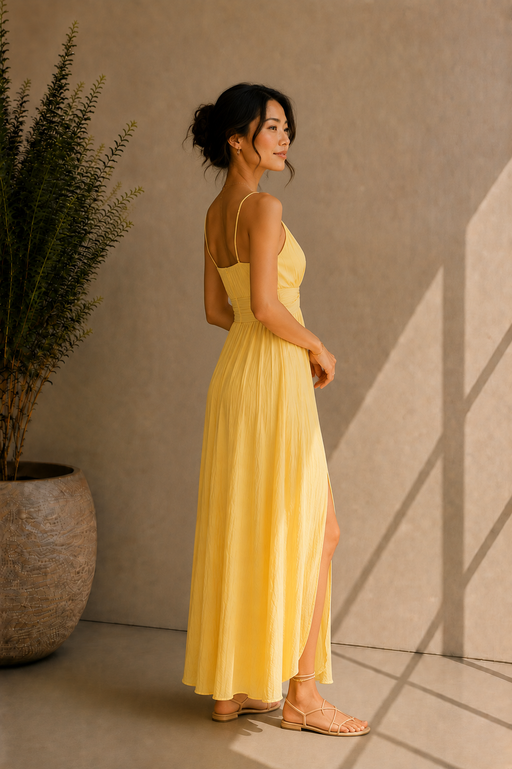 Women's V-Neck Yellow Slit Maxi Dress