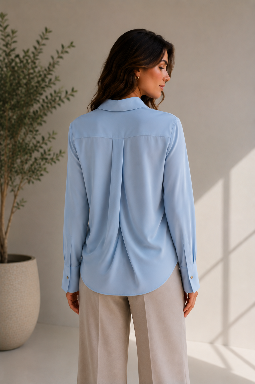 Women's Collared Light Blue Front-Twist Blouse