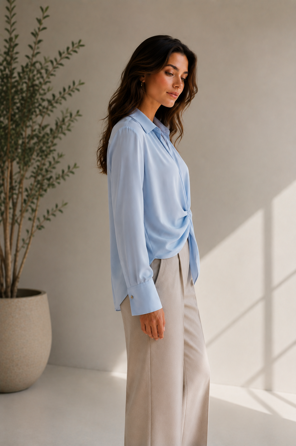 Women's Collared Light Blue Front-Twist Blouse