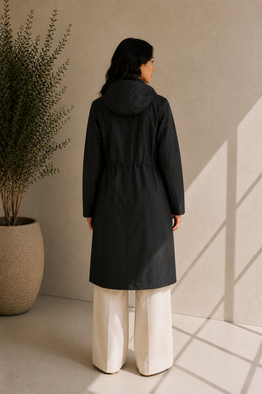 Women's Hooded Black Button-Down Raincoat
