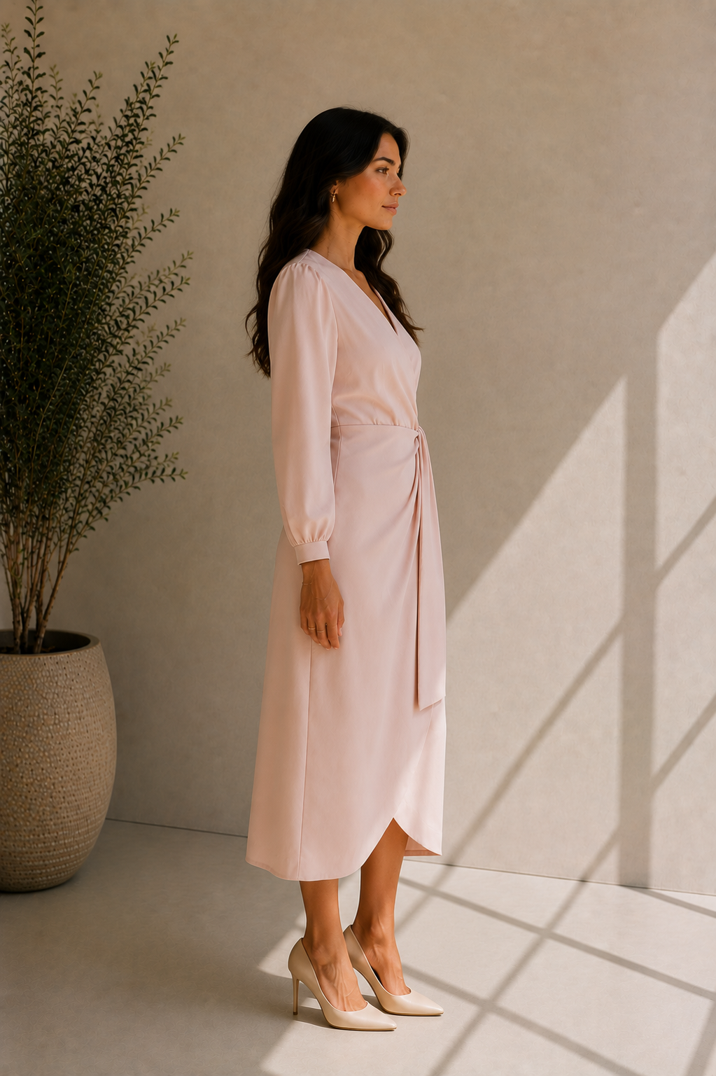 Women's V-Neck Pink Wrap Dress