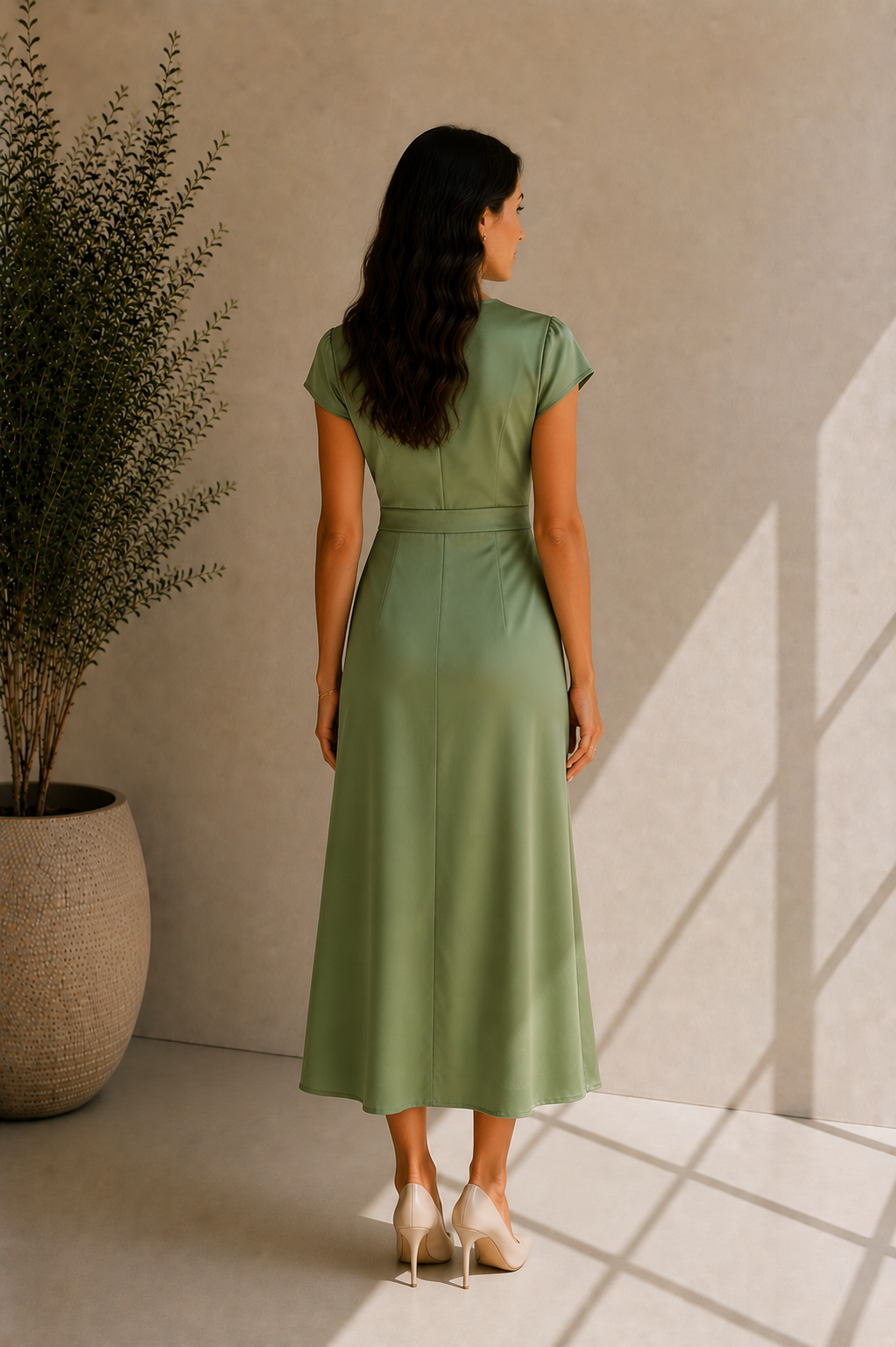 Women's V-Neck Sage Green Front-Twist Dress