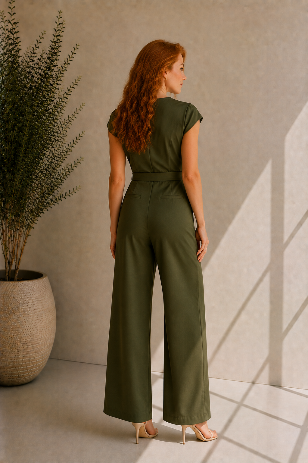 Women's V-Neck Olive Green Belted Jumpsuit