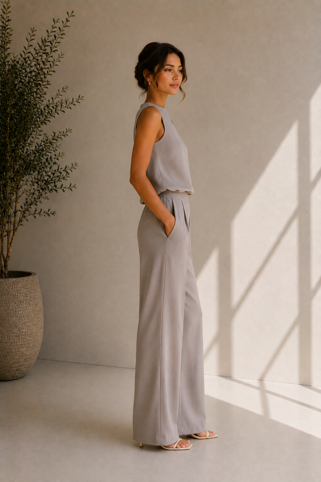 Women's High-Neck Gray Sleeveless Co-ord Set